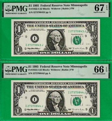1995  $1  Federal Reserve note  Serial # I 27370843 TO 44 J  2 CONSECUTIVE PMG - Image 1 of 2