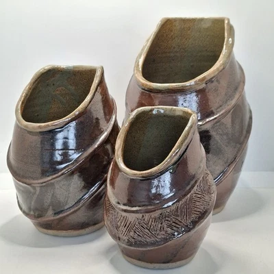 British Studio Pottery Trio of Vases Graduating Handcrafted Brown Glaze Signed - Image 1 of 4