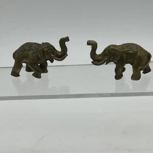 Vintage Elephant Brass Pair Figurines Trunk Up Lucky Miniature Tiny - Picture 1 of 12