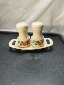West German Tan Floral Salt & Pepper Shakers Melamine With Tray, Vintage - Picture 1 of 9