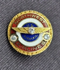 Vintage NORTHWEST AIRLINES US AIR MAIL 10K Gold 3 Diamond Enamel Badge Lapel Pin - Picture 1 of 10