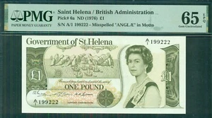 ST HELENA, 1976, £1 mal escrito "ANGLAE", selección #6a, PMG grado 65EPQ gema UNC - Imagen 1 de 2