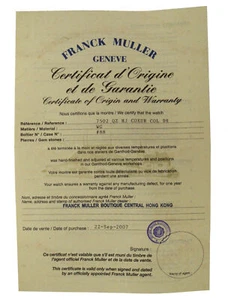 Franck Muller Filled-out Certificate of Authenticity and Warranty for the Watch - Picture 1 of 2