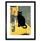 Simple Black Cat on Yellow Table Painting Van Gogh Style Framed Art Print 12X16