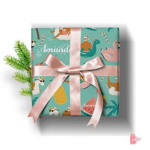 Santa on Unicorn Tropical Christmas Gift Wrap Name Personalized Wrapping Paper - Picture 1 of 5