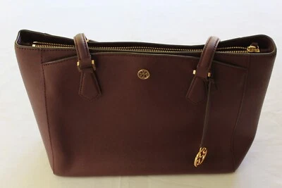 Tory Burch Robinson Small Saffiano Leather Burgundy Tote Bag with Golden Accents - Image 1 of 4