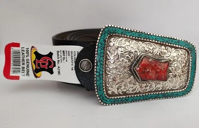 Cinturón Tibetano Plata Hebilla Cuero Cintura Trampa Turquesa Coral Cierre, B51 Foto 1 de 4