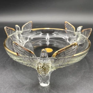 Vintage 1940s Jeannette Glass 3 Eagles Footed Bowl, 22K Gold, w/Sticker and Box - Picture 1 of 9