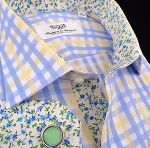 Camisa a Cuadros Doble Amarillo Azul Vestido Formal de Negocios GQ B2B Puño con Botones - Imagen 1 de 9