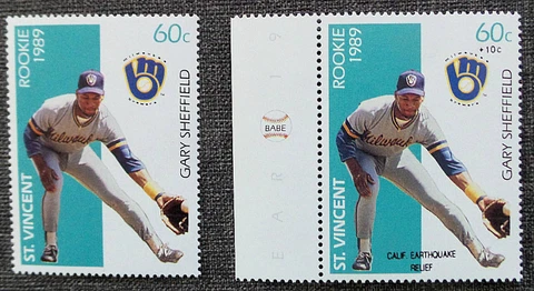 GARY SHEFFIELD Rookie 1989 St. Vincent Regular & "CA Earthquake Relief" Ovpt MNH Cover