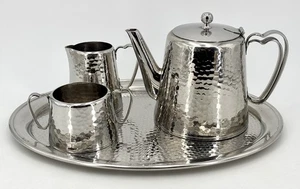 Vintage OLDE HALL WARWICK HAMMERED STAYBRITE Tea Pot - Tray -Milk Jug - Sugar - Picture 1 of 14