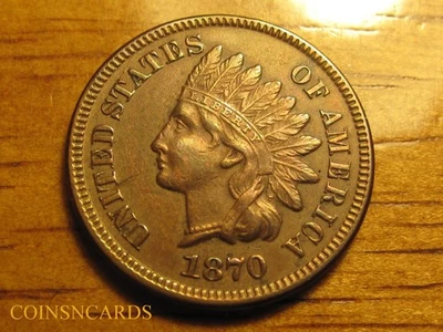 Centavo cabeza india 1870 negrita tipo N semillave AU sobre monstruo sin circular ¡escaso! Foto 1 de 3