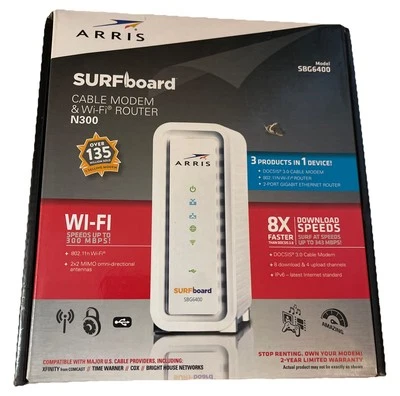 ARRIS 3.0 Cable Modem SURFboard SBG6400 8x4 DOCSIS / N300 Wi-Fi Router White - Image 1 of 4