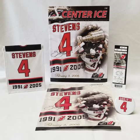 Scott Stevens New Jersey Devils #4 Retirement Night Pin, Banner, Mag, Ticket + Cover