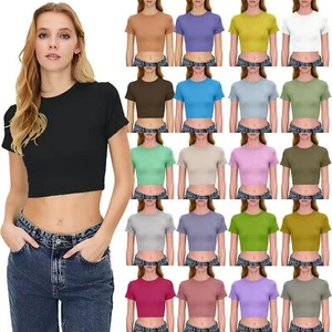 New Women's Cap Sleeve Crop Top - Round Neck Plain Short T-Shirt for Ladies - Picture 1 of 51