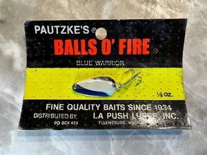 Señuelo de pesca vintage Pautzke's Balls O' Fire en embalaje original Blue Warrior - Imagen 1 de 2