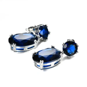 2ct Simulated Blue Sapphire Stylish Solitaire Drop Earring 14k White Gold Plated - Picture 1 of 1