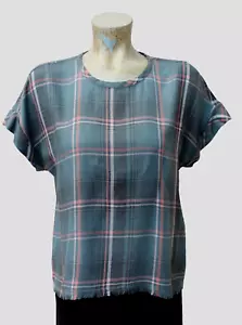 Cloth & Stone Gray Green Plaid Short Sleeve Top Frayed Hem Sz S - Button Accent - Picture 1 of 3