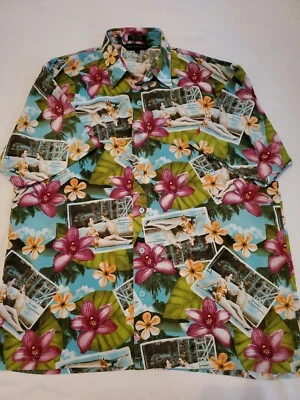 Hawaiian Shirt Mens L Floral Retro Pool Girl Photo Print Button Up M.E. Sport - Image 1 of 4
