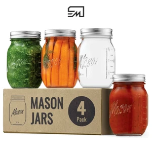 Mason Glass Jar Pints Regular Mouth Food Storage Containers 4 Pack Canning NEW - Picture 1 of 3