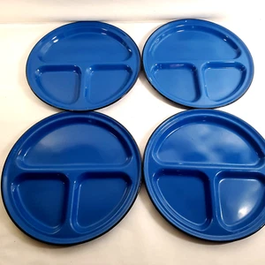 Set of 4 Vintage 12 inch Blue Procelain Divided Plates Black Rim No Chips - Picture 1 of 7