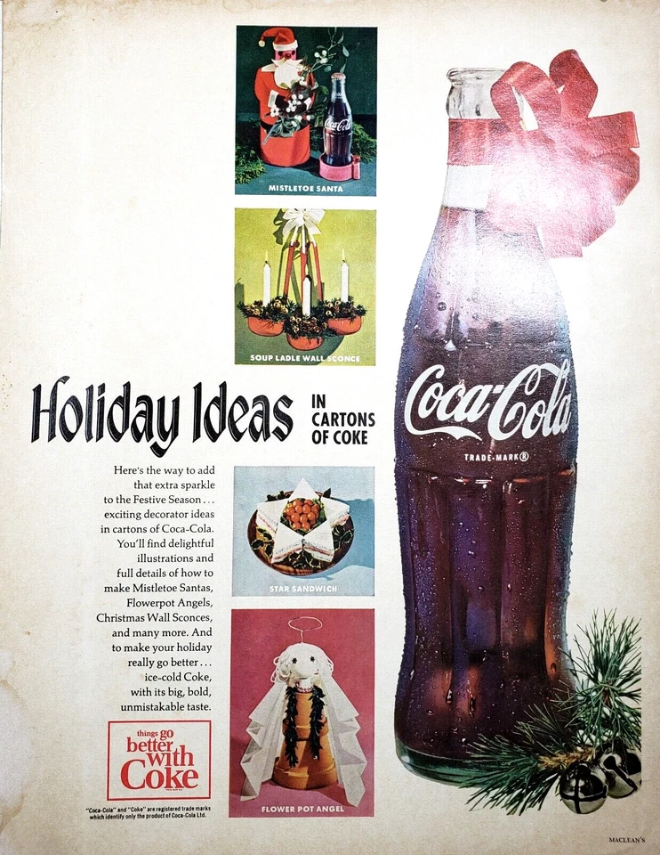PRINT AD 1965 Coca Cola Holiday Ideas in Cartons of Coke Mistletoe Santa - Image 1 of 1