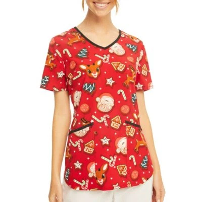 Scrubstar Rudolph Reindeer Santa's Cookies Scrub Nurse Uniform Scrub Top Choice  - Image 1 of 3