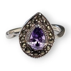 Marcasite Halo Sterling Ring Teardrop Purple Glass Pear Cut 925 Silver 8.25      - Picture 1 of 12