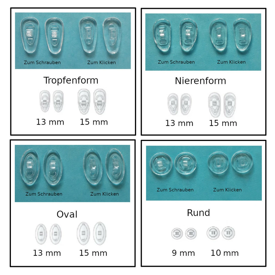 NO BRAND TOPSELLER! 10 Paar NASEN PADS für Brillen Tropfenform Niereform Oval Rund Pad