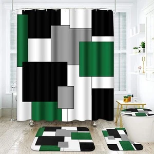 Modern Yellow Black Grey Bathroom Set Shower Curtain with Rugs 4 Pcs Decor - Picture 1 of 8