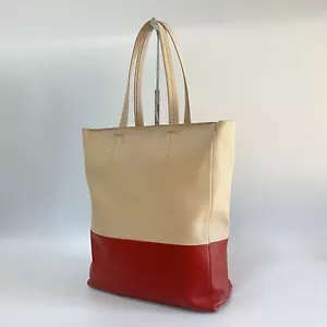 CELINE Tote Shoulder Bag Leather Horizontal Cabas Beige Red Authentic #313 - Picture 1 of 24