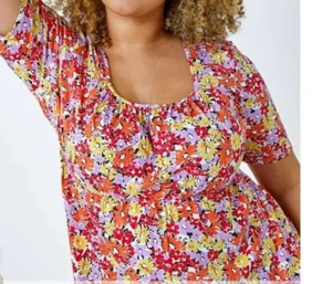 Roman scoop gathered front neckline floral short sleeve top size 20, 22/24 - Picture 1 of 10