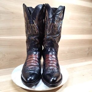 Vintage Lucchese 1883 Caiman Cowboy Boots Men 9 Black Brown Western Exotic Inlay - Picture 1 of 12