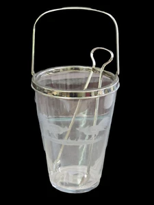 VTG T.G. HAWKES Co CLEAR ETCHED GLASS METAL HANDLE ICE BUCKET with TONGS ~ 8 in - Picture 1 of 13