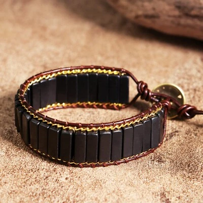 Pulsera curativa de cuero trenzado a mano de turmalina negra natural para mujer hombre Foto 1 de 4