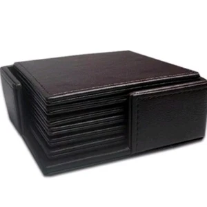 6 Pack Genuine Real Leather Square Coaster W/Holder-Non Slip Heat Resistant 4.5" - Picture 1 of 4