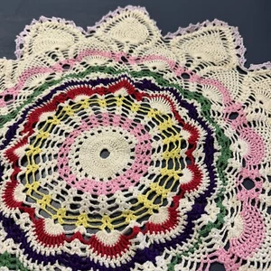 Handmade Crochet Doily Round 23x23”Multicolors Cotton - Picture 1 of 8