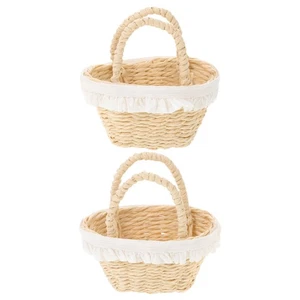  2 Pcs Dollhouse Woven Basket Mini Small with Handles Flower Harvest - Picture 1 of 12
