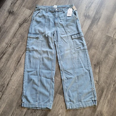 New NWT Women's Time & Tru Cotton Blend Wide Leg Cargo Blue Jeans Pants Size 12 - Image 1 of 4
