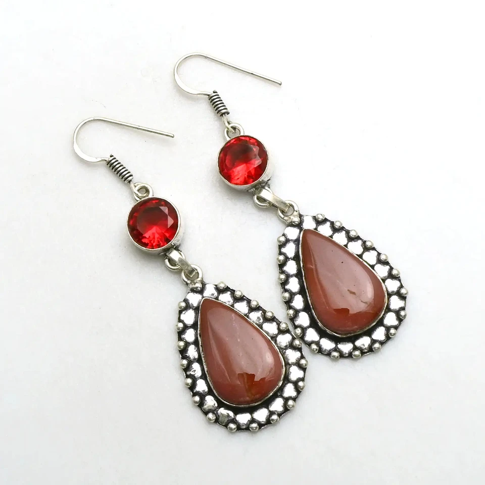 Mookaite Jasper Garnet Gemstone Drop Dangle Earrings Jewelry Gift 1.8" AE-93518 - Image 1 of 1