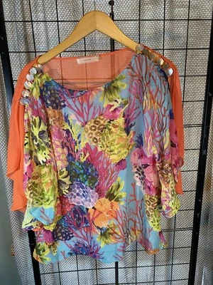 CLUNY женщин океан жизни печать шелк спереди блузка размер 10 подкладка акценты на плечах - Изображение 1 из 4