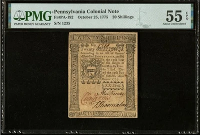 Billete de banco moneda colonial de la Revolución Americana de Pensilvania de 1775 PA-192, PMG 55 Foto 1 de 4