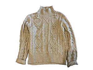 Cupcakes & Kaschmir Zopfmuster Pullover beige Bommeln XL (Brustumfang 48"/28"L - Bild 1 von 5