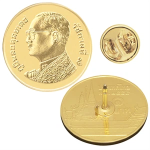 Thai 1 Baht Coin Pin Brooch Badge | 18K Gold Plated | King Rama IX - Picture 1 of 9