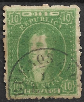 ARGENTINA 1864 10c BERNARDINO RIVADAVIA USED PERF - image 1 of 2