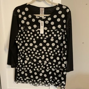 Chicos Mesh Layered Top Women’s Black White Polka Dot Polyester Size 2 (L) - Picture 1 of 4