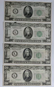 1934, A $20 Bill LOT: 4 L San Francisco District Federal Reserve Notes 20 Dollar - Picture 1 of 2
