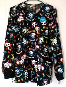 Dickies Scrubs women size L black with music print long sleeve snap close New - Picture 1 of 12