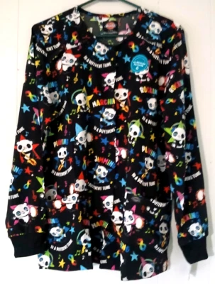 Dickies Scrubs women size L black with music print long sleeve snap close New - Image 1 of 4