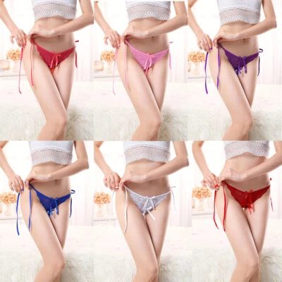 Women Low Waist Sexy Lace Underwear Side Tie Thongs G-string Lingerie Panties US - Image 1 of 4